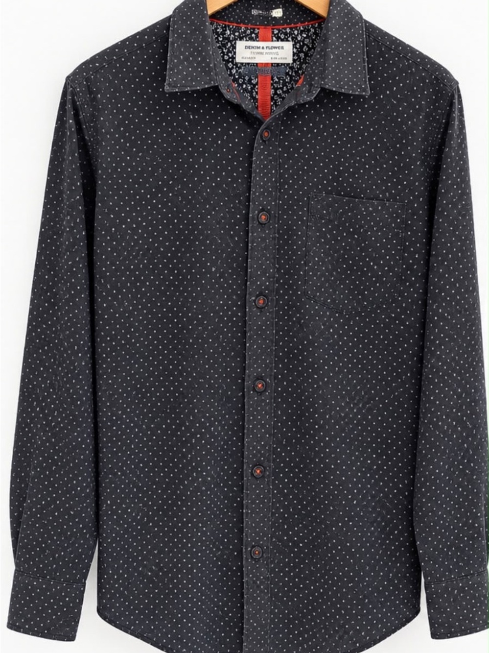 Denim & Flower Men’s Black Shirt with White Microdot Pattern
